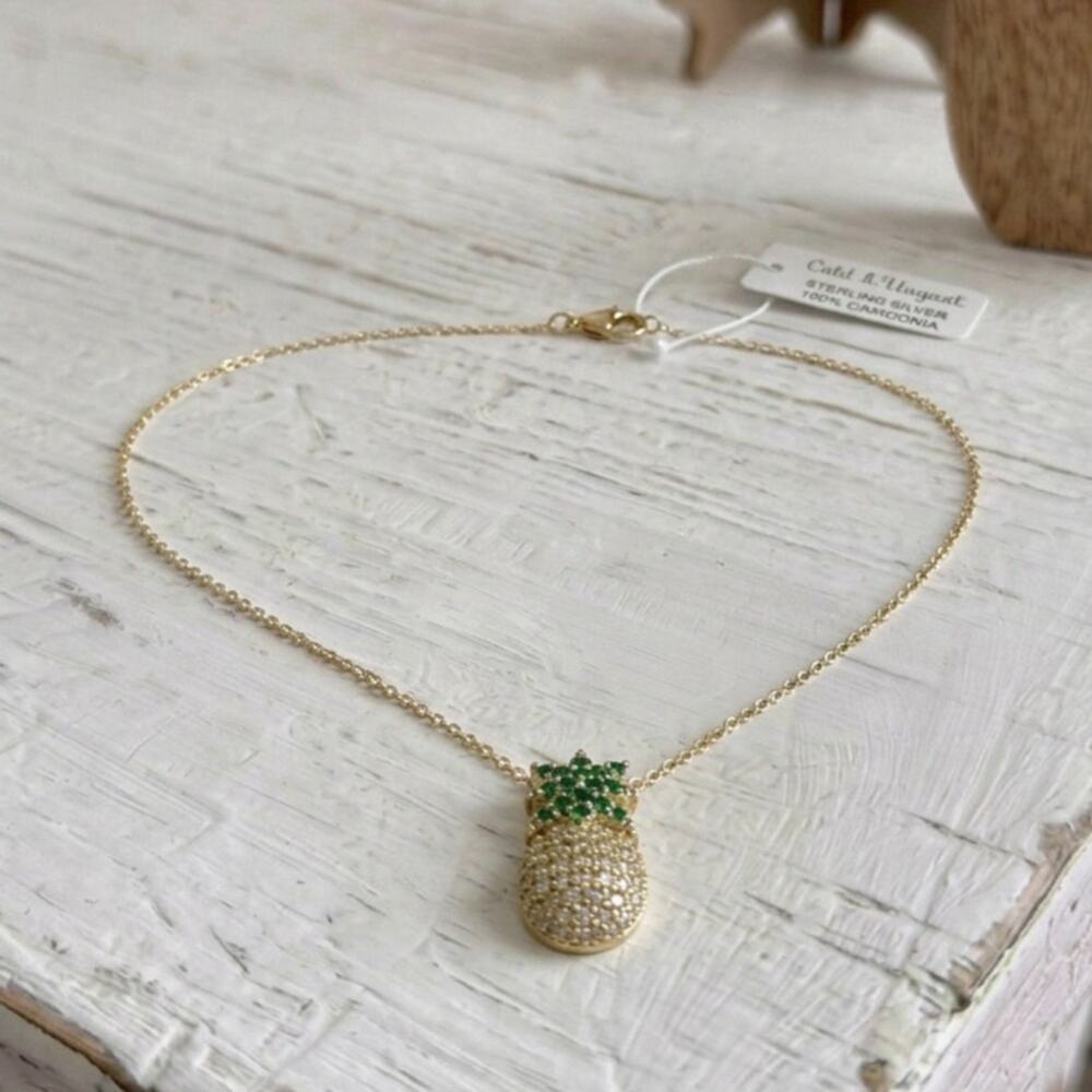 Cote d'Argent Sterling Silver 925 Gold Plated Pineapple Pendant Necklace CZ NWT - Picture 2 of 2